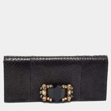 Pre Owned Gucci Black Snakeskin Crystals Embellished Flap Clutch