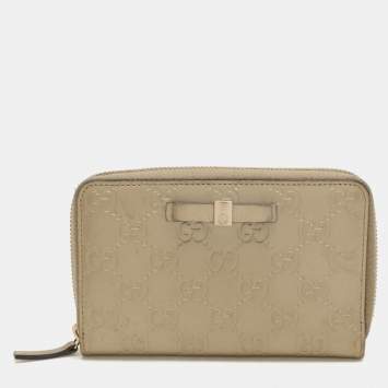Pre Owned Gucci Gold Guccissima Leather Zip Around Wallet