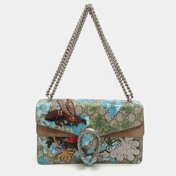 Pre Owned Gucci Beige GG Supreme Canvas Flower Applique Small Dionysus Shoulder Bag