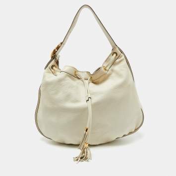 Pre Owned Gucci Cream Leather Interlocking Icon Tassel Hobo