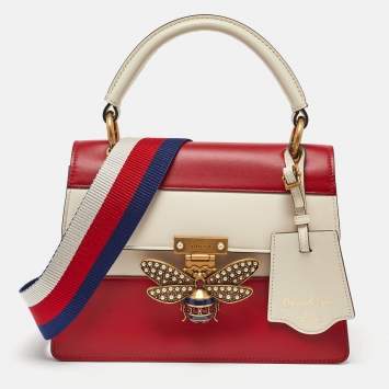 Pre Owned Gucci Red/Off White Leather Small Queen Margaret Top Handle Bag