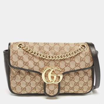 Pre Owned Gucci Beige/Black Diagonal Quilted GG Canvas and Leather Small GG Marmont Shoulder Bag