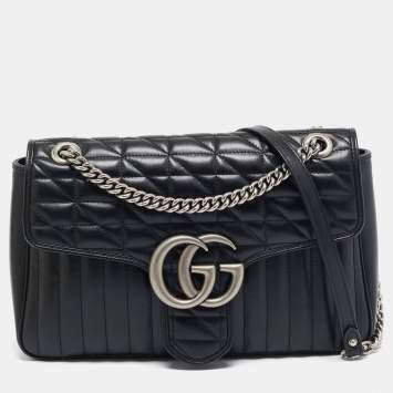 Pre Owned Gucci Black Mixed Matelassé Leather Medium GG Marmont Shoulder Bag