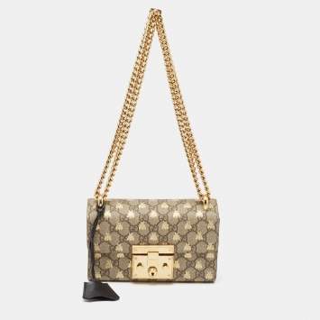 Pre Owned Gucci Black/Beige GG Supreme Canvas and Leather Small Bee Padlock Shoulder Bag
