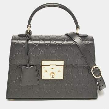 Pre Owned Gucci Black Guccissima Leather Small Padlock Top Handle Bag