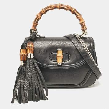 Pre Owned Gucci Black Leather Small New Bamboo Top Handle Bag
