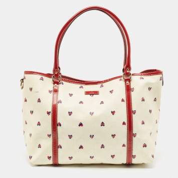 Pre Owned Gucci Red/White GG Supreme Canvas and Patent Leather Medium Heart Joy Tote