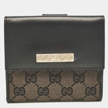 Pre Owned Gucci Black GG Canvas and Leather French Compact Wallet