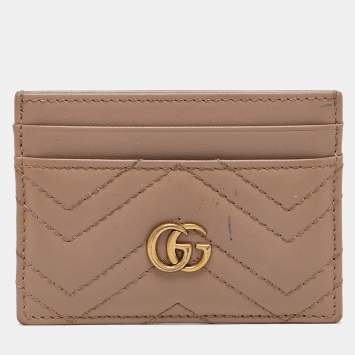 Pre Owned Gucci Beige Matelassé Leather GG Marmont Card Holder