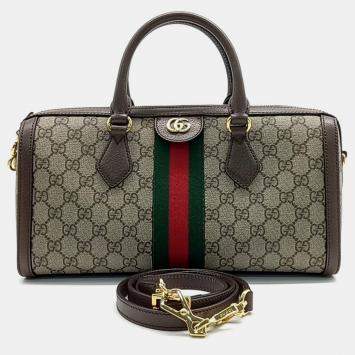 Pre Owned Gucci Beige Brown Leather and PVC Ophidia medium top handle bag