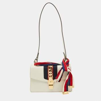Pre Owned Gucci White Leather Small Web Chain Sylvie Flap Shoulder Bag