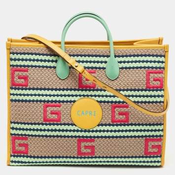 مملوكة مسبقًا Gucci Multicolor Square G Embroidered Fabric Capri Striped Tote