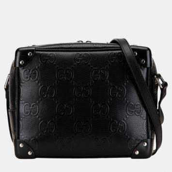 Pre Owned Gucci Black Leather Gg Embossed Shoulder Bag