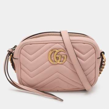Pre Owned Gucci Pink Matelassé Leather Mini GG Marmont Crossbody Bag