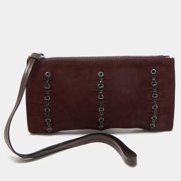 Pre Owned Gucci Burgundy Suede Eyelet Wristlet Clutch