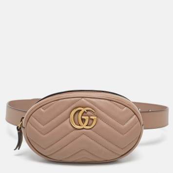 Pre Owned Gucci Beige Matelassé Leather Mini GG Marmont Belt Bag