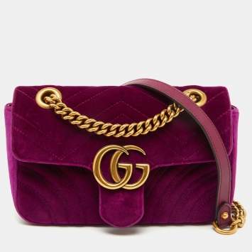 Pre Owned Gucci Purple Matelassé Velvet Mini GG Marmont Shoulder Bag