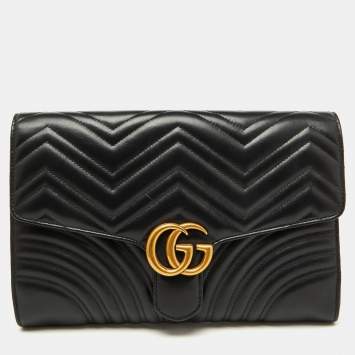 Pre Owned Gucci Black Chevron Leather GG Marmont Flap Clutch