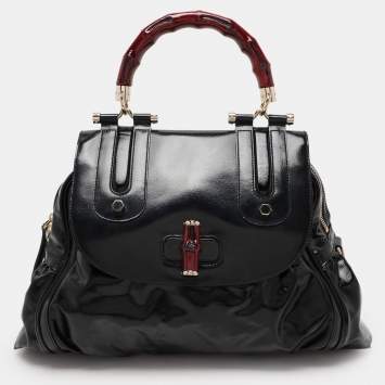 Pre Owned Gucci Black Coated Nylon and Leather Dialux Pop Bamboo Top Handle Bag