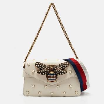 Pre Owned Gucci Off White Leather Mini Pearl Studded Broadway Bee Shoulder Bag