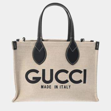 Pre Owned Gucci Beige Navy Canvas Leather Print Tote Bag