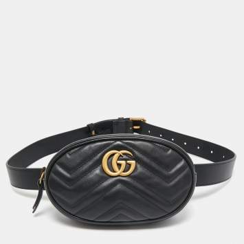 Pre Owned Gucci Black Matelassé Leather GG Marmont Belt Bag