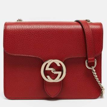Pre Owned Gucci Red Leather Dollar Interlocking G Crossbody Bag