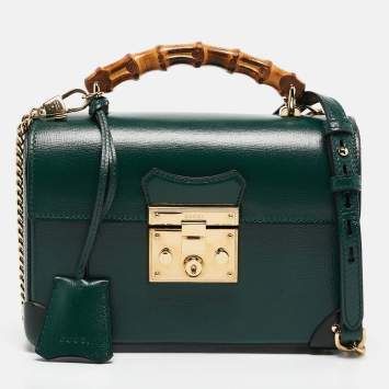 Pre Owned Gucci Green Leather Bamboo Padlock Top Handle Bag