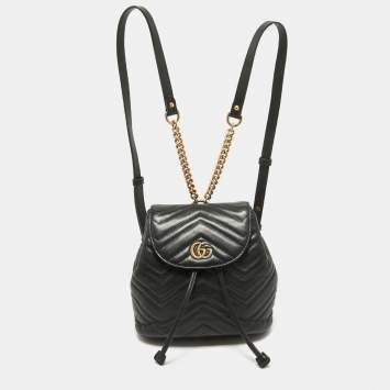Pre Owned Gucci Black Matelassé Leather GG Marmont Drawstring Backpack