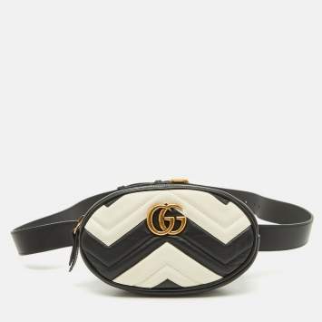 Pre Owned Gucci Black/White Matelassé Leather GG Marmont Belt Bag