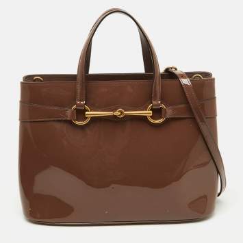 Pre Owned Gucci Brown Patent Leather Medium Bright Bit Tote