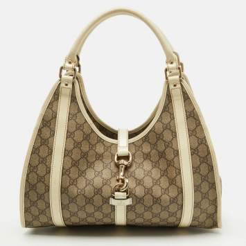 Pre Owned Gucci Beige/White GG Supreme Canvas and Patent Leather Bardot Joy Hobo