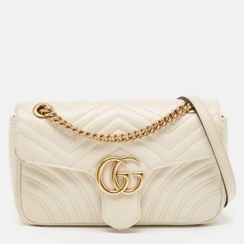 Pre Owned Gucci Off White Matelassé Leather Small GG Marmont Shoulder Bag