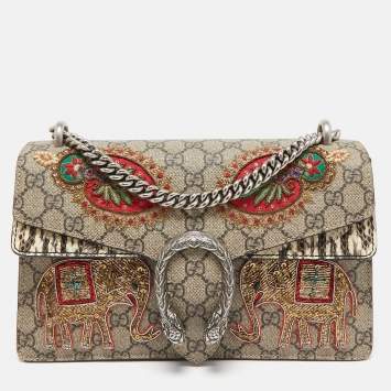 Pre Owned Gucci Beige GG Supreme Canvas and Watersnake Small Elephant Embroidered Dionysus Shoulder Bag