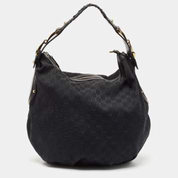 Pre Owned Gucci Black GG Canvas and Leather GG Marmont Medium Pelham Hobo