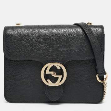 Pre Owned Gucci Black Leather Dollar Interlocking G Crossbody Bag