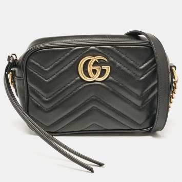 Pre Owned Gucci Black Matelasse Leather Mini GG Marmont Shoulder Bag