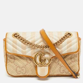 Pre Owned Gucci Cream/Orange Stripe GG Raffia and Leather Small GG Marmont Shoulder Bag