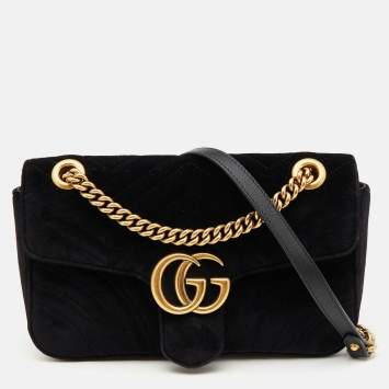 Pre Owned Gucci Black Matelasse Velvet Small GG Marmont Flap Shoulder Bag