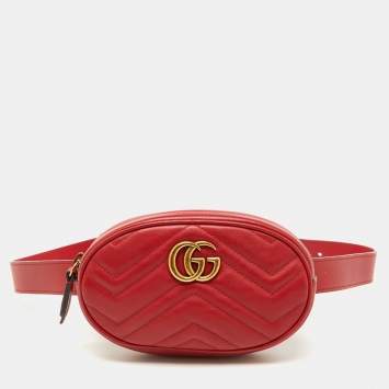 Pre Owned Gucci Red Matelassé Leather GG Marmont Belt Bag