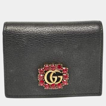 Pre Owned Gucci Black Leather Crystals GG Marmont Card Case