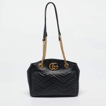 Pre Owned Gucci Black Matelasse Leather Medium GG Marmont Open Top Shoulder Bag 