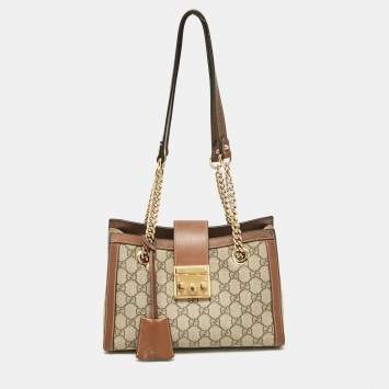 Pre Owned Gucci Brown/Beige GG Supreme Canvas Small Padlock Tote