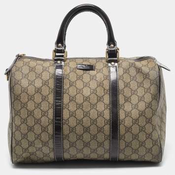 Gucci Dark Brown/Beige GG Supreme Canvas and Patent Leather Medium Joy Boston Bag
