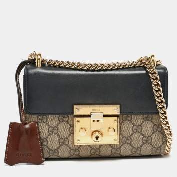 Pre Owned Gucci Black/Beige GG Supreme Canvas and Leather Padlock Small Shoulder Bag