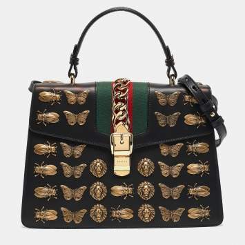 Pre Owned Gucci Black Leather Medium Animal Studs Sylvie Top Handle Bag