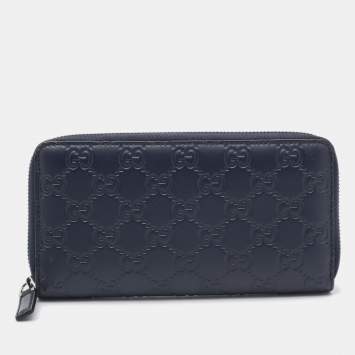 Pre Owned Gucci Navy Blue Guccissima Leather Zip Around Organizer Wallet