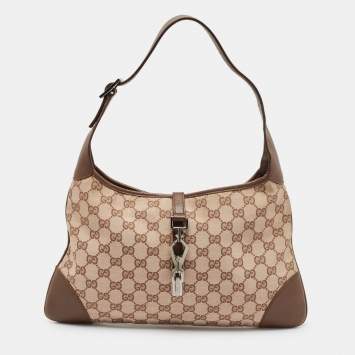 Pre Owned Gucci Brown/Beige GG Fabric and Leather Jackie Shoulder Bag