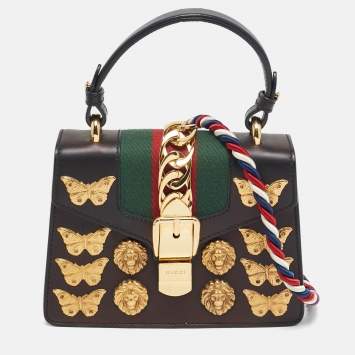 Pre Owned Gucci Black Leather Mini Animal Sylvie Top Handle Bag