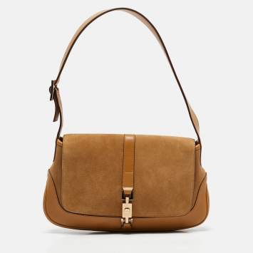 Pre Owned Gucci Tan Suede and Leather Jackie Bardot Flap Shoulder Bag